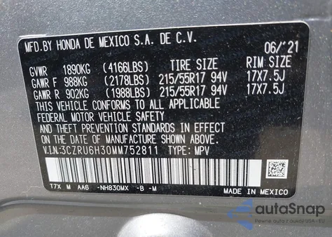 2021 Honda Hr-V Awd Lx z USA, uszkodzony, nr VIN 3CZRU6H30MM752811